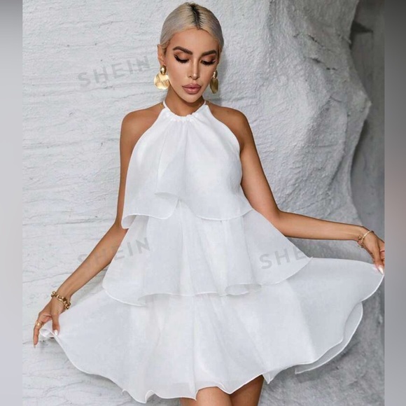 SHEIN Dresses & Skirts - Privé Layered Halter Neck Ruffle Women’s White Dress